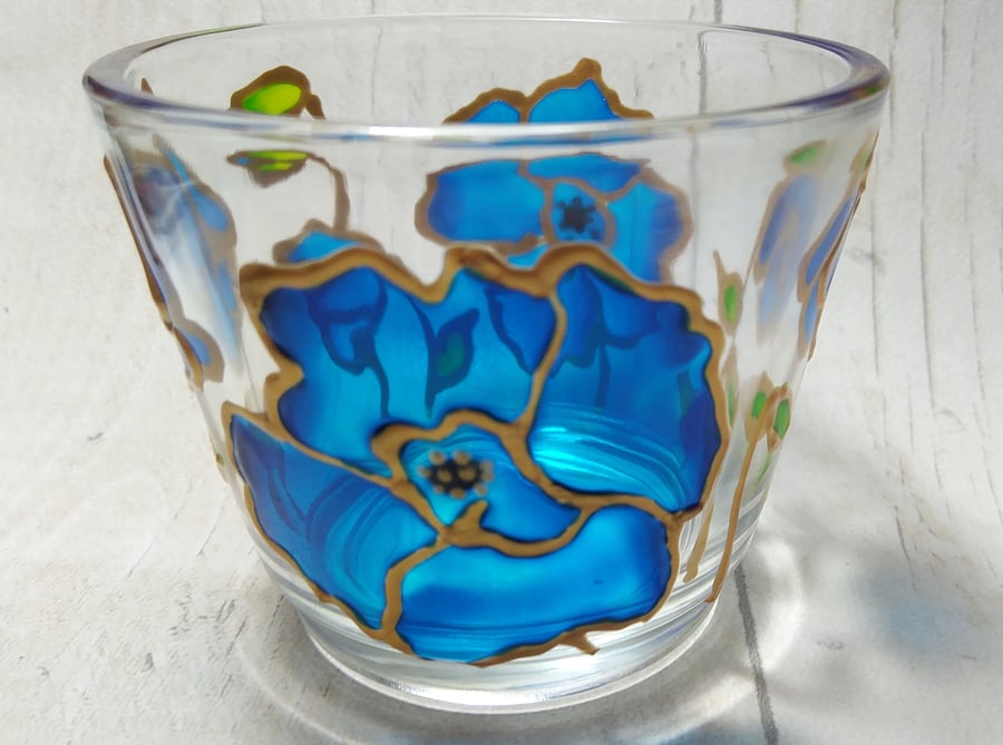 Himalayan blue poppy hand painted glass tealight holder. Mother's day gift.