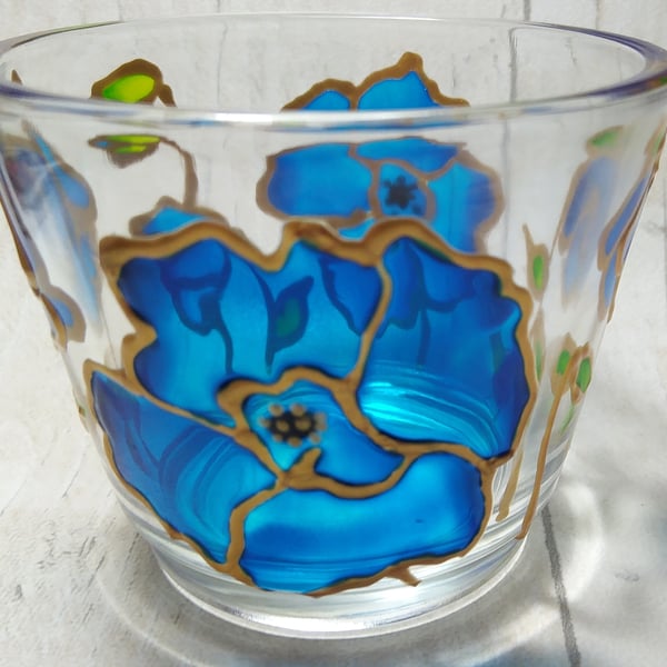 Himalayan blue poppy hand painted glass tealight holder. Mother's day gift.