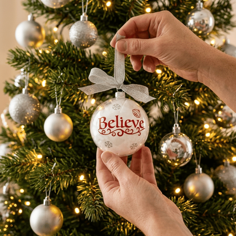 Believe Christmas Bauble, Feather Christmas Ornament