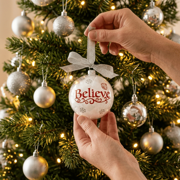 Believe Christmas Bauble, Feather Christmas Ornament