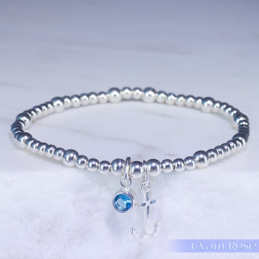 Anchor Bracelet Sterling Silver Stretchy blue glass 