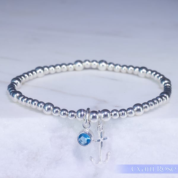 Anchor Bracelet Sterling Silver Stretchy blue glass 