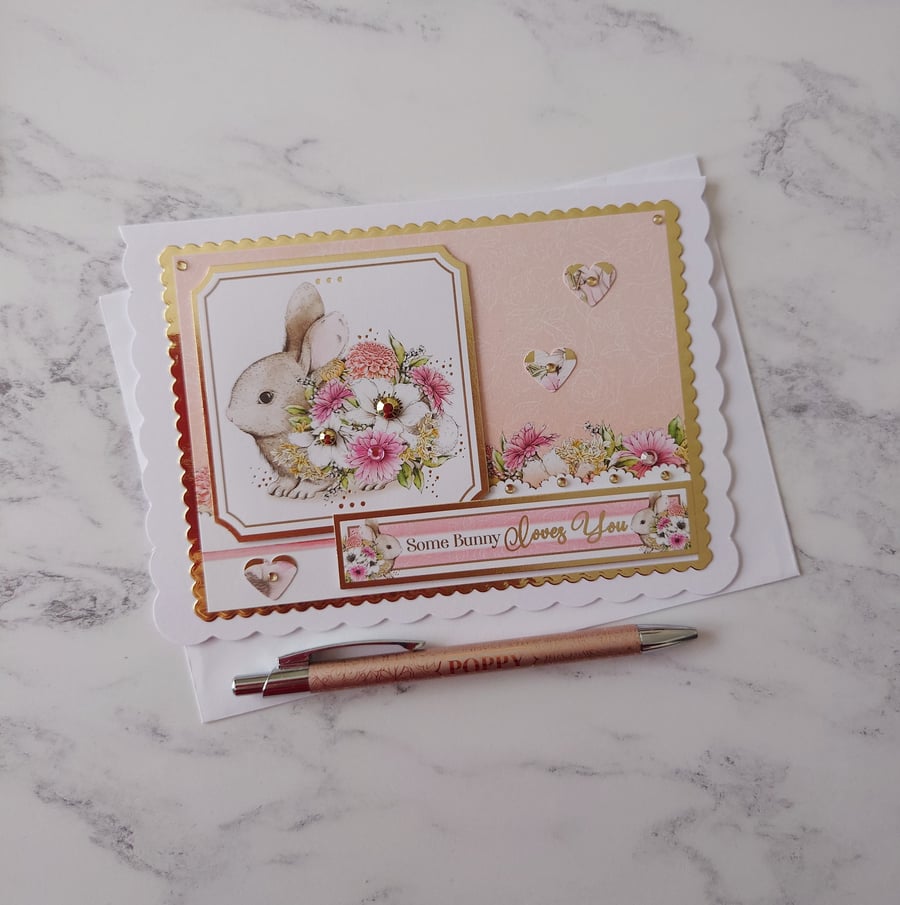 Some Bunny Loves You Rabbit Flowers 3D Luxury Handmade Card