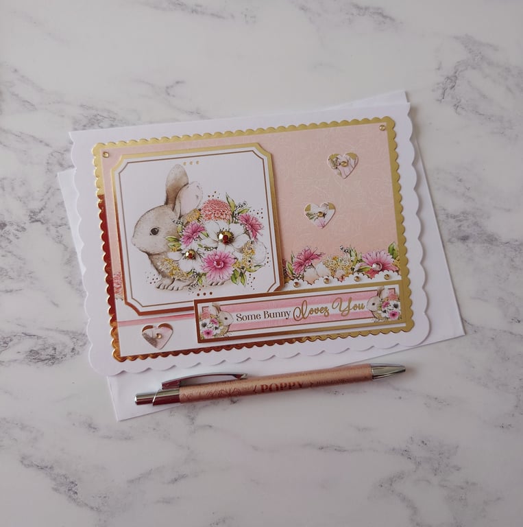 Some Bunny Loves You Rabbit Flowers 3D Luxury Handmade Card