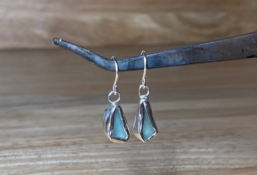 Handmade light teal welsh sea glass & silver dangle earrings