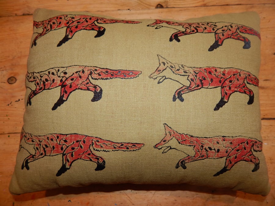 Linen green with Red foxes screen printed cushion. 33cm x 26cm