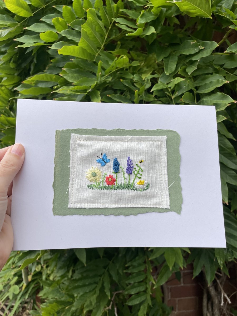 Flowers with bee and butterfly hand embroidered keepsake card