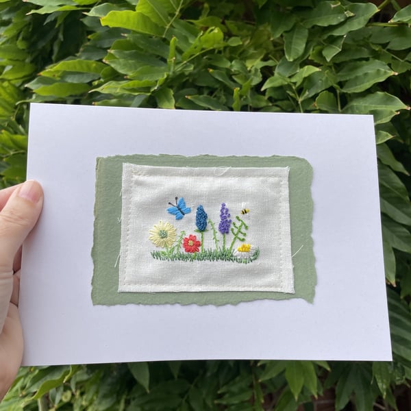 Flowers with bee and butterfly hand embroidered keepsake card