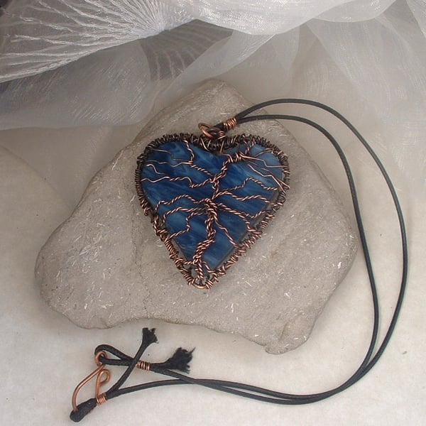"Yggdrasil" Semi Opaque Blue Glass & Copper Wire Wrapped Necklace Pendant
