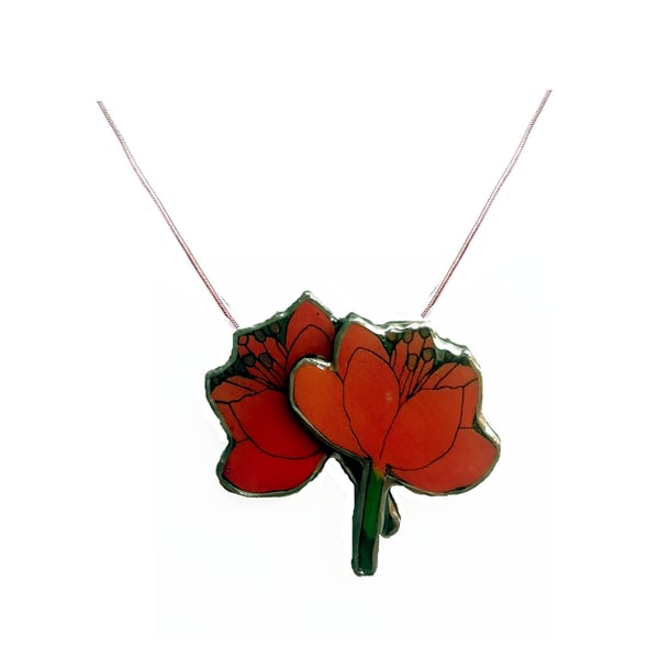 Lovely layered Red Orange Poppy Resin Flower Necklace Pendant by EllyMental
