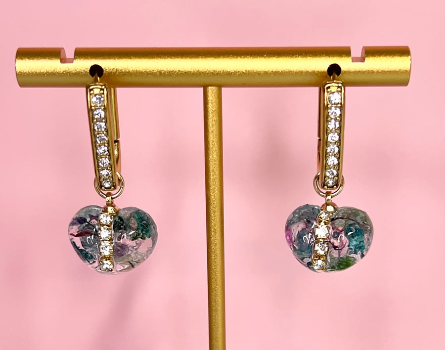 Handmade Resin Heart Earrings with Gold Accents- Elegant,Unique drop earrings