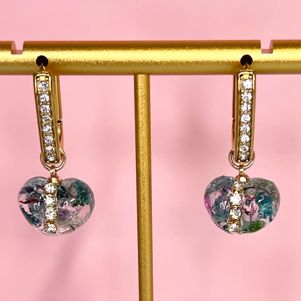 Handmade Resin Heart Earrings with Gold Accents- Elegant,Unique drop earrings