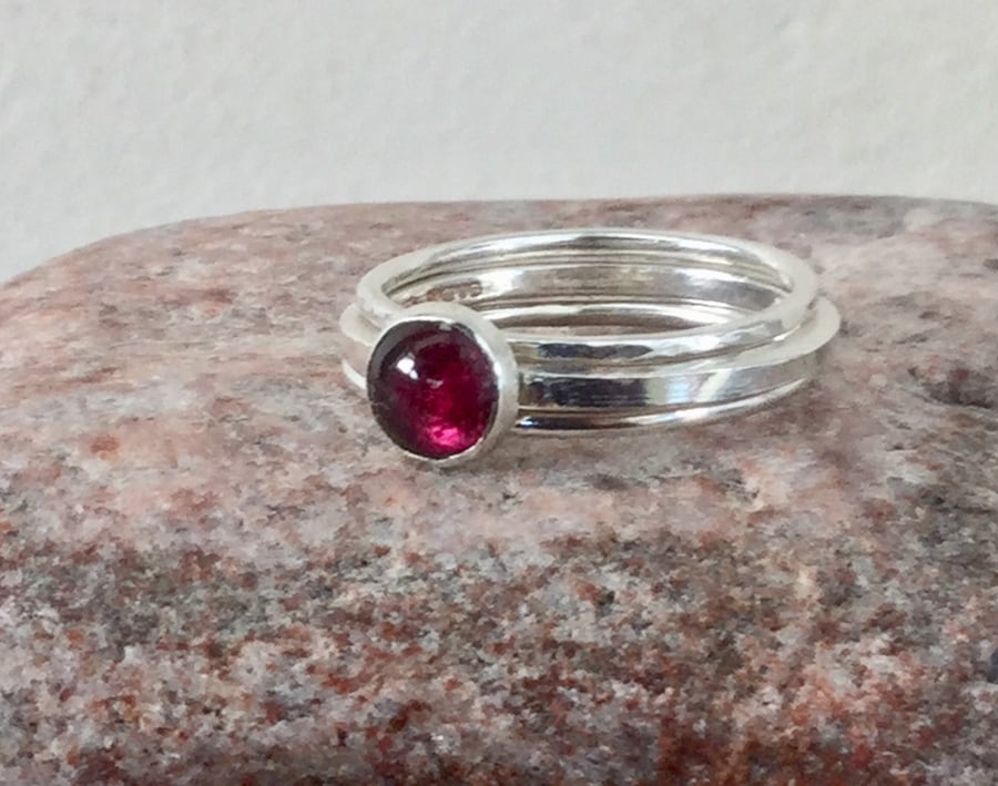 Trio of Silver Stacking Rings with Red Garnet, January birthstone, size M