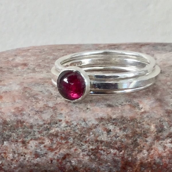 Trio of Silver Stacking Rings with Red Garnet, January birthstone, size M