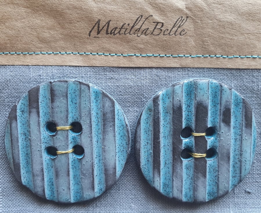 Buttons large handmade Stoneware set of two Blue