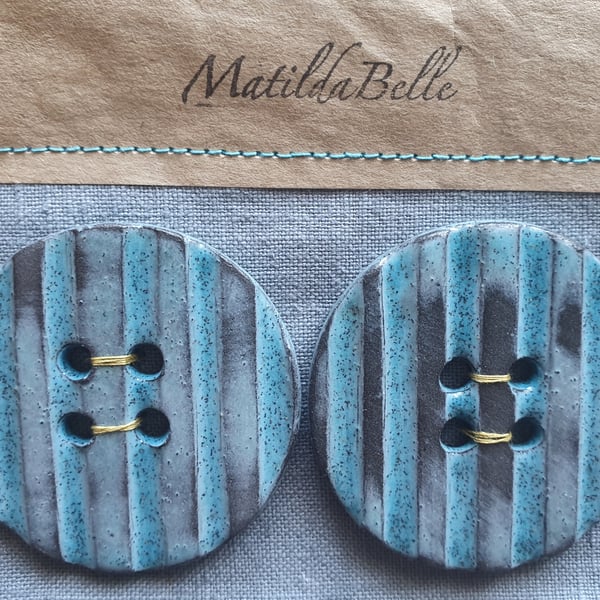 Buttons large handmade Stoneware set of two Blue