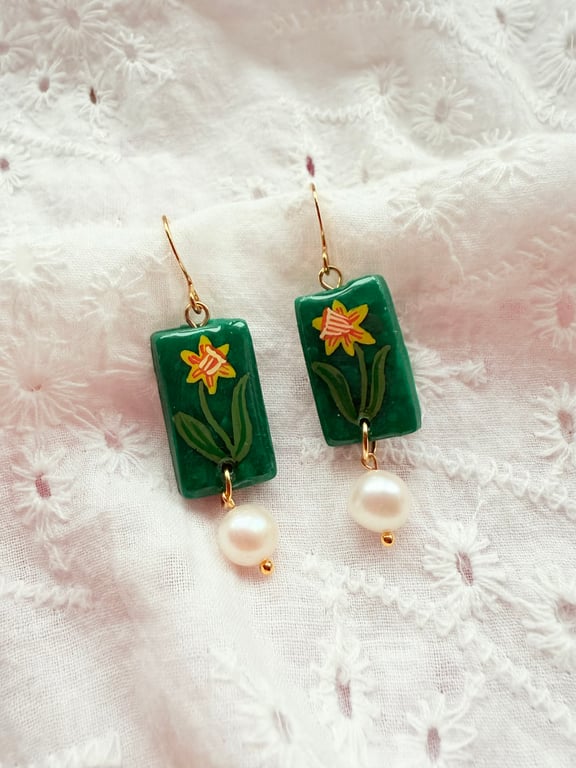 Dainty Daffodil Rectangle Earrings with Pearl drops, FREE DELIVERY