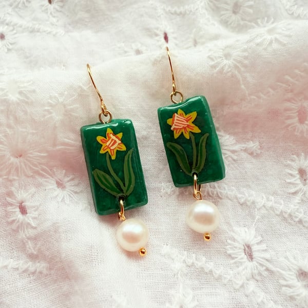 Dainty Daffodil Rectangle Earrings with Pearl drops
