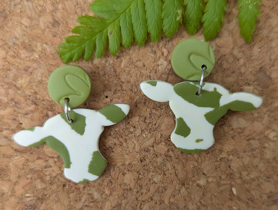 Quirky Green & White Cow Print Drop Earrings - Handcrafted Polymer Clay
