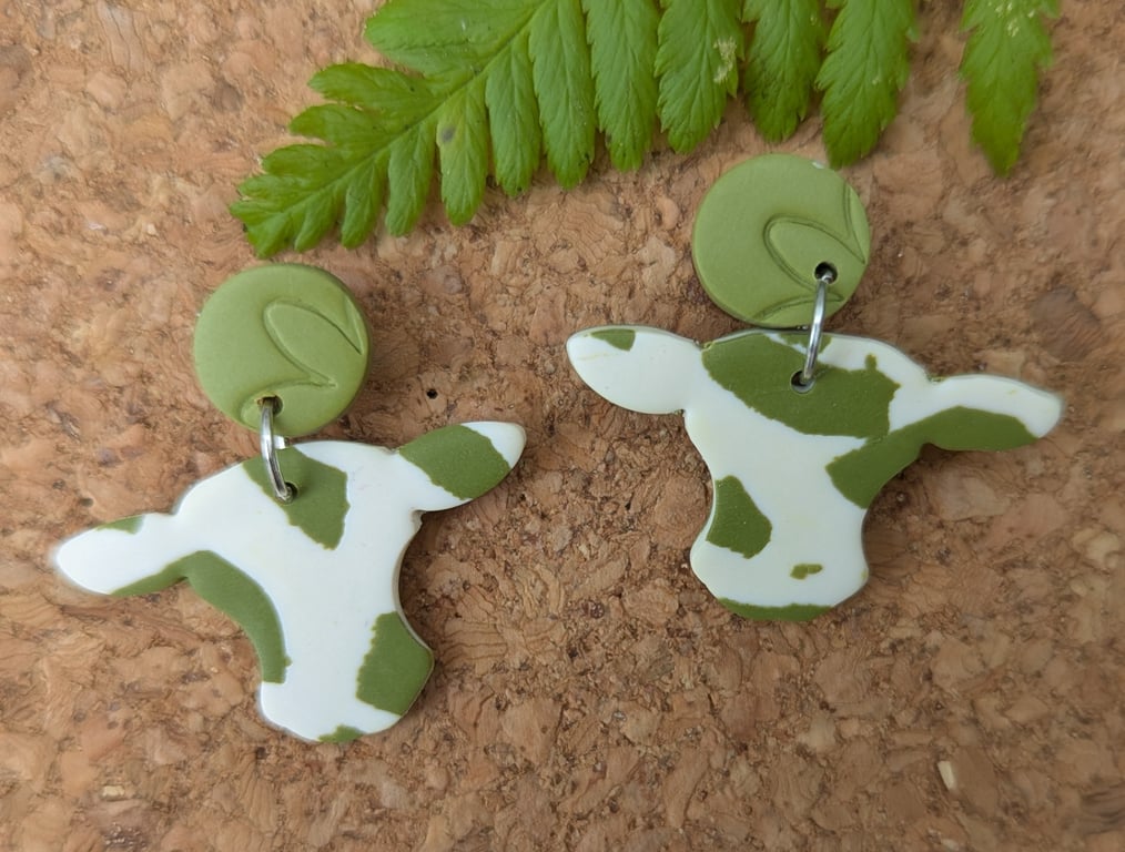 Quirky Green & White Cow Print Drop Earrings - Handcrafted Polymer Clay