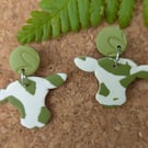 Quirky Green & White Cow Print Drop Earrings - Handcrafted Polymer Clay