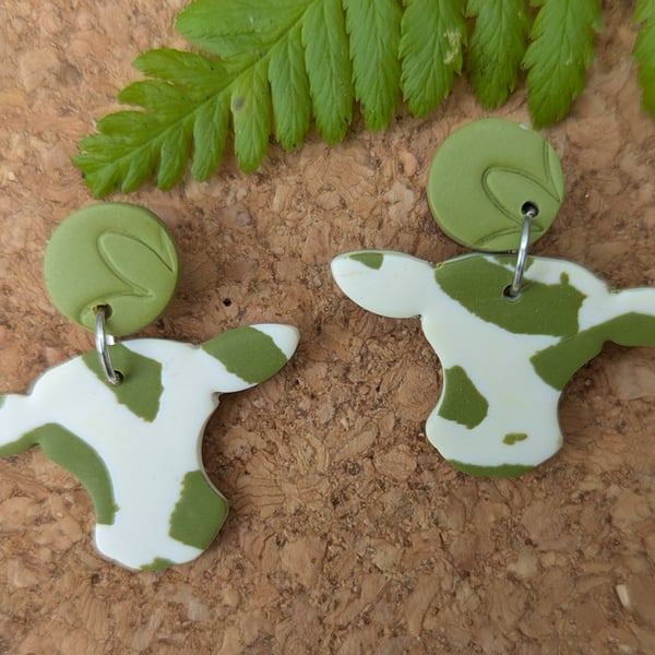 Quirky Green & White Cow Print Drop Earrings - Handcrafted Polymer Clay