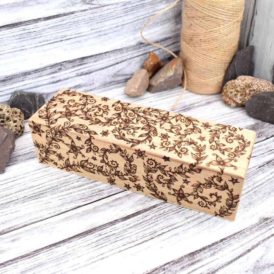 Twisted vines pyrography oblong pencil or pen box. Floral gift idea.