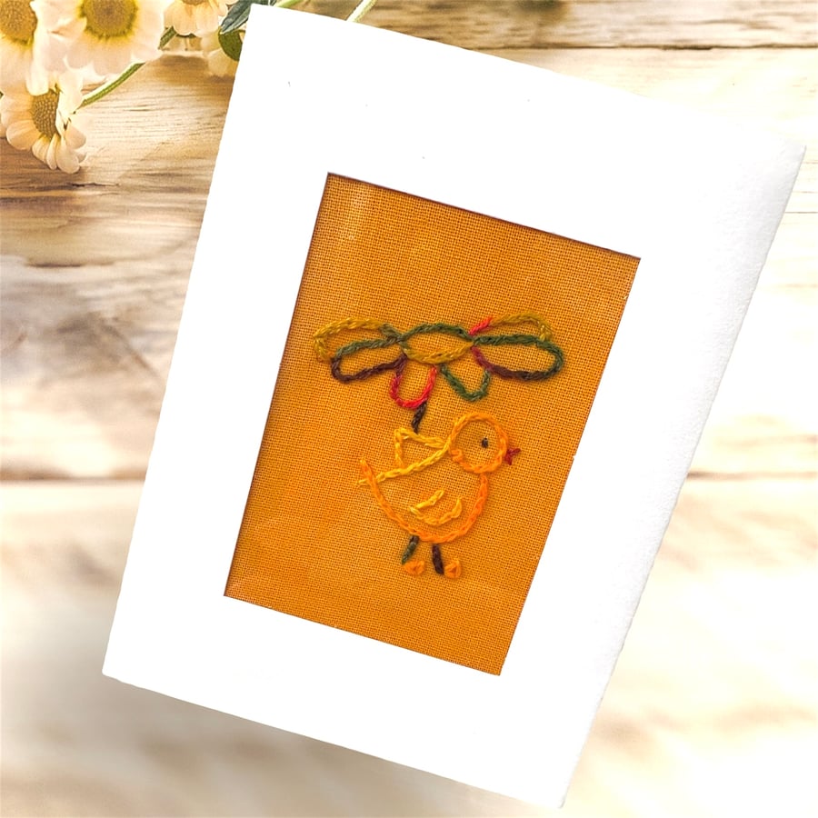 Hand embroidered blank card of a cute duckling, ideal for framing 
