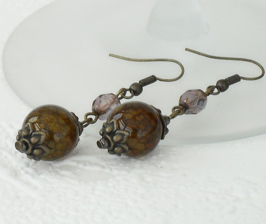 Vintage-style brown agate and crystal earrings