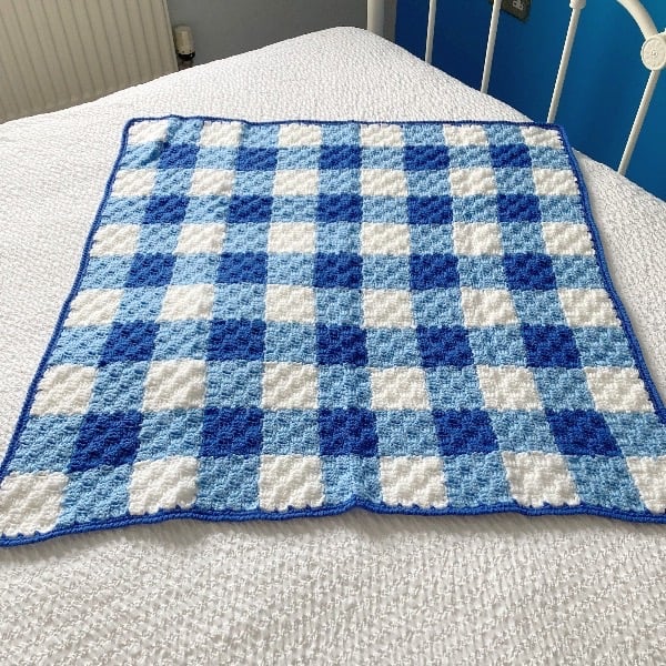 Blue and White Gingham Crocheted Baby Blanket