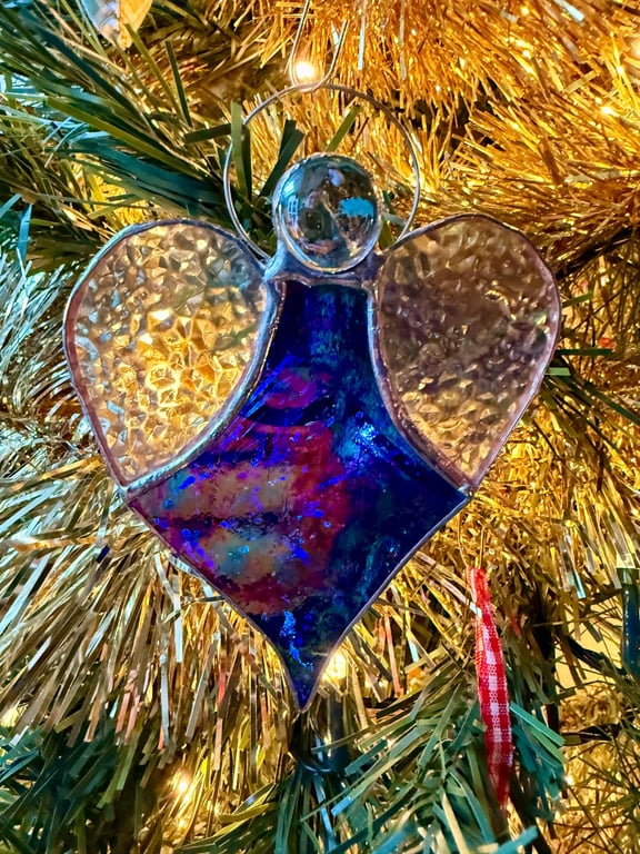 Stained Glass Heart Angel - midnight blue body and clear hammered glass wings