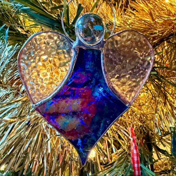 Stained Glass Heart Angel - midnight blue body and clear hammered glass wings