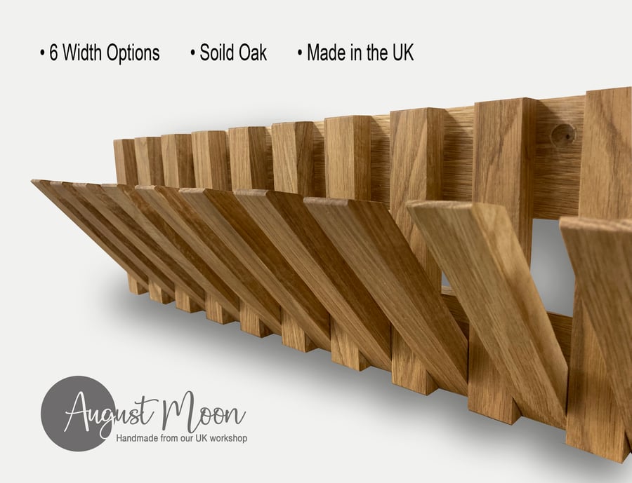 Flip down solid oak 200mm high 4 to 15 hooks. Coat, hat, bag or towel rack.