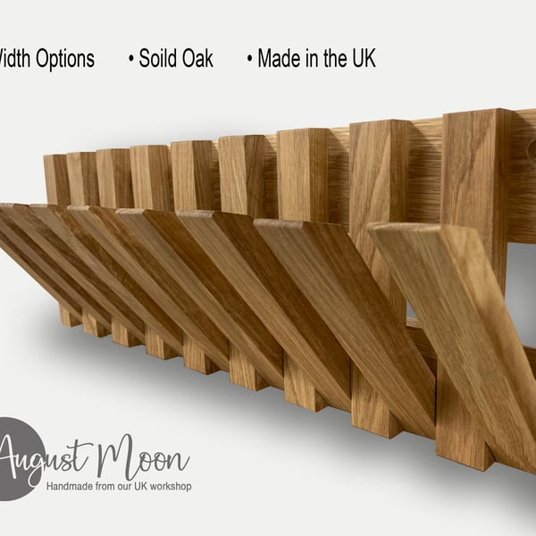 Flip down solid oak 200mm high 4 to 15 hooks. Coat, hat, bag or towel rack.