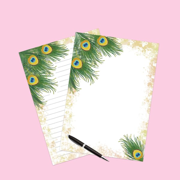 Hand drawn Peacock Feather Printable letter paper Stationery, A4 paper size