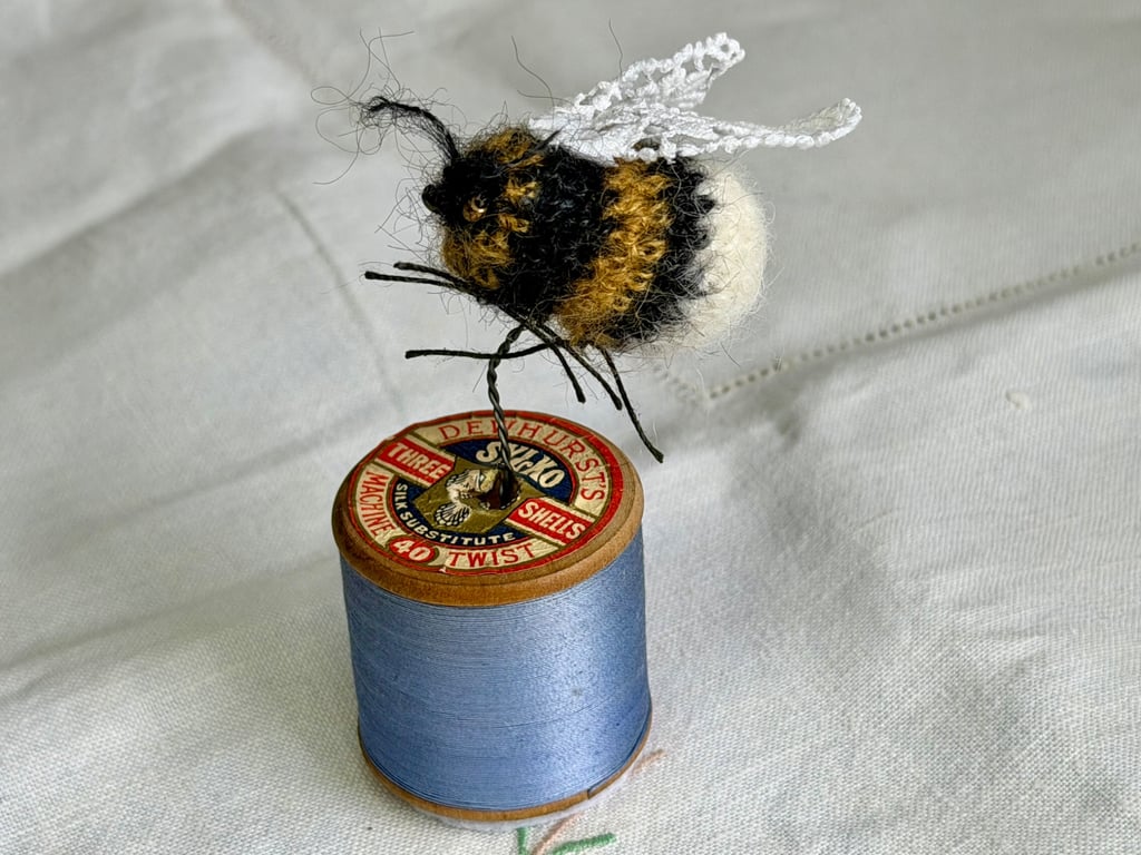 Mini Bobbinbee - Crochet Bee on a vintage wooden bobbin