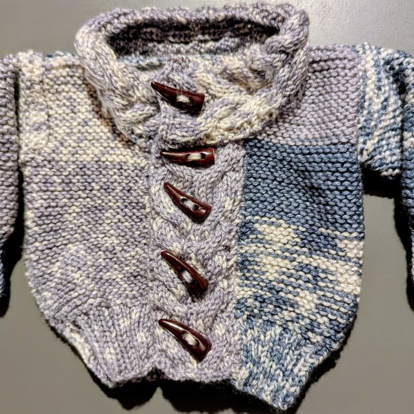 Unique boys Jacket 0 to 3 months in blue, grey off white.