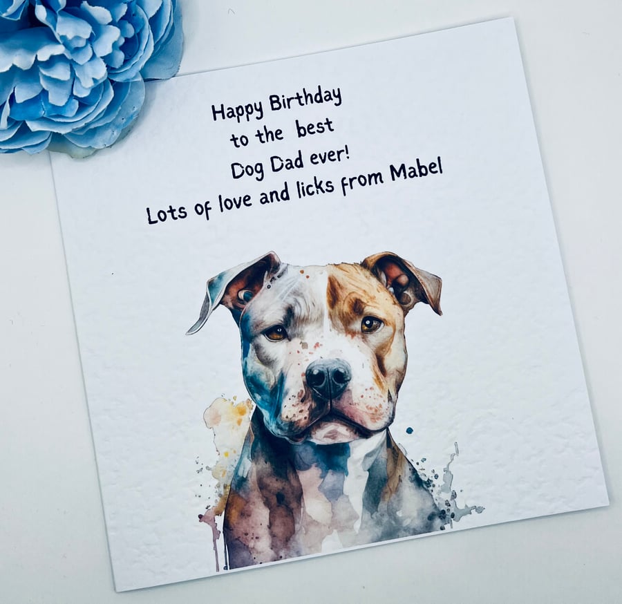 Dog Dad Staffie Birthday Card Personalised with pets bane