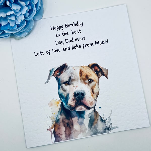 Dog Dad Staffie Birthday Card Personalised with pets bane