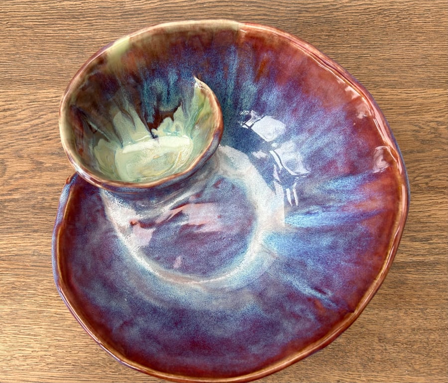 Handmade ceramic chip and dip bowl Approx 22cm wide x 8cm high at highest point