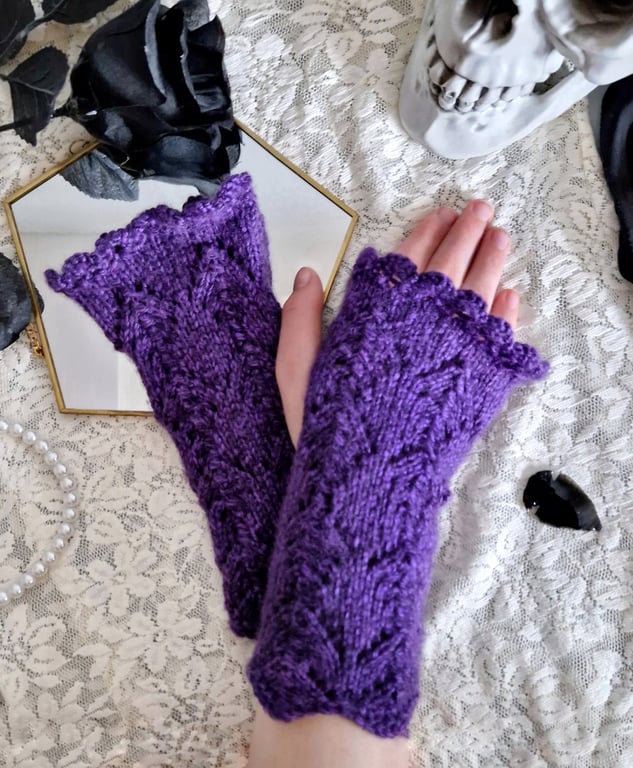 Hand Knitted Purple Gothic Fingerless Gloves