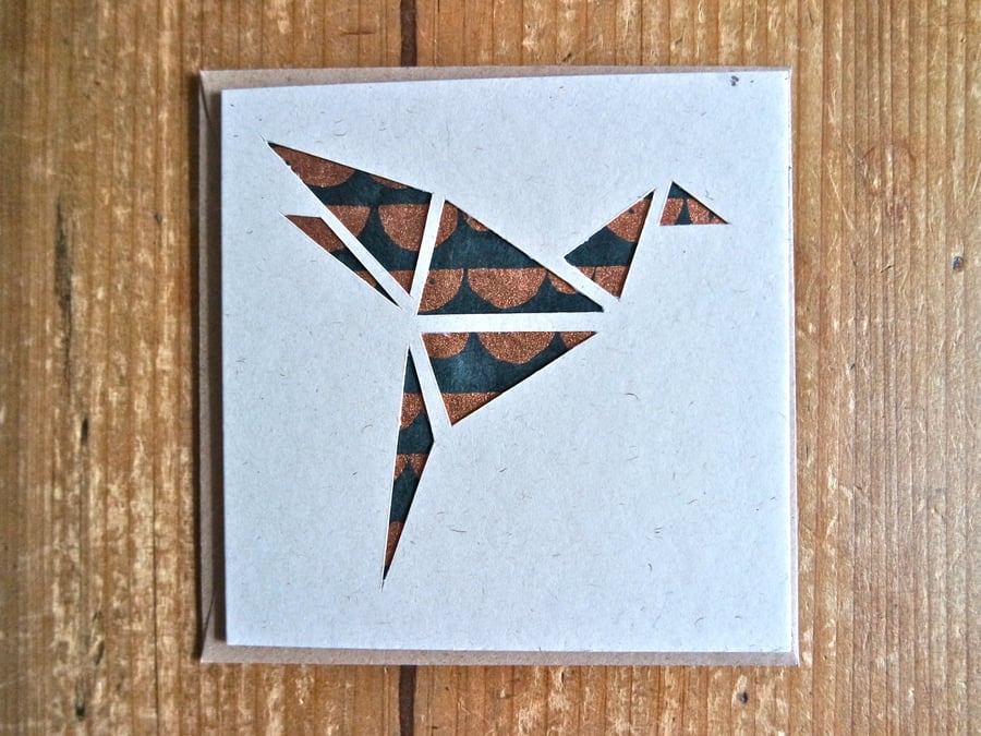 Card with origami style bird copper black