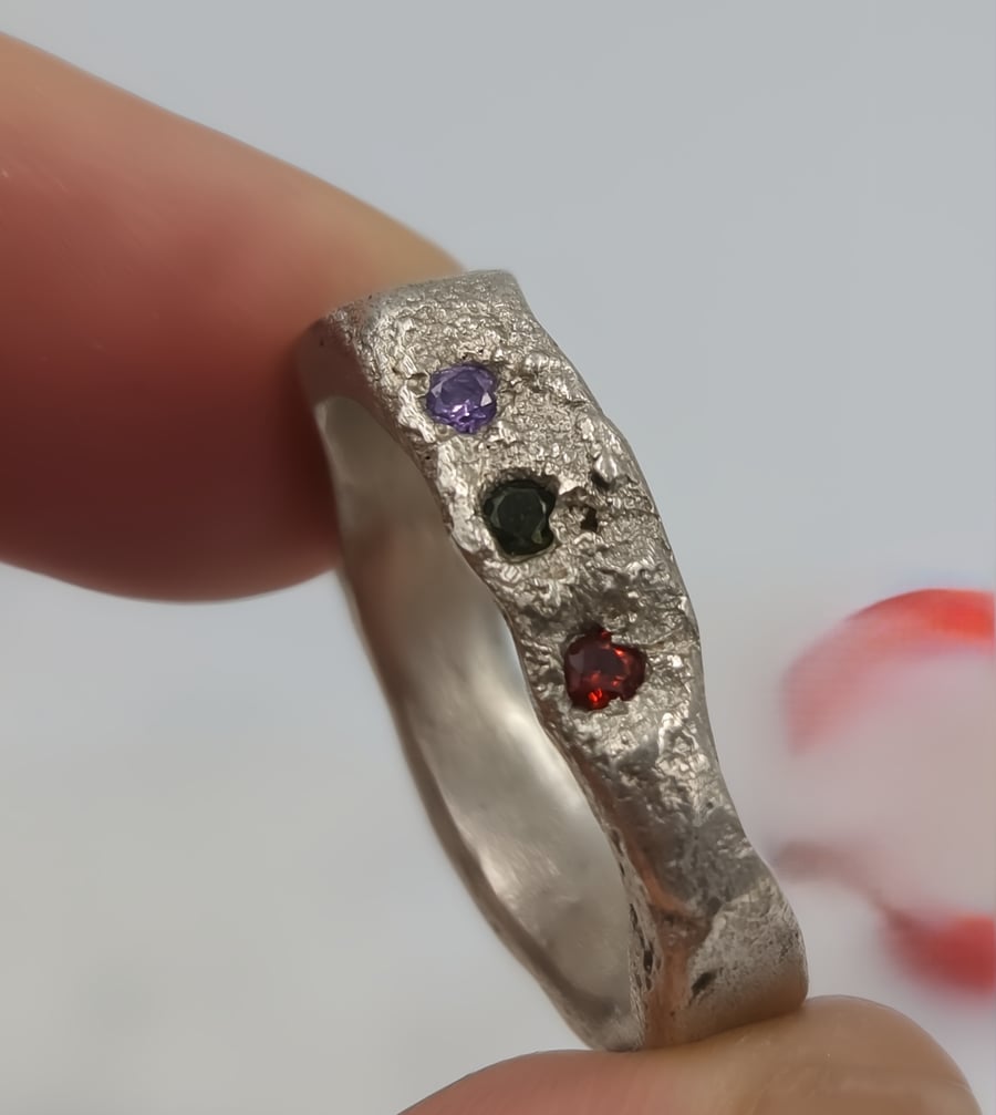 Molten Textured Silver Signet Ring with Trio of Flush Set Cubic Zirconias