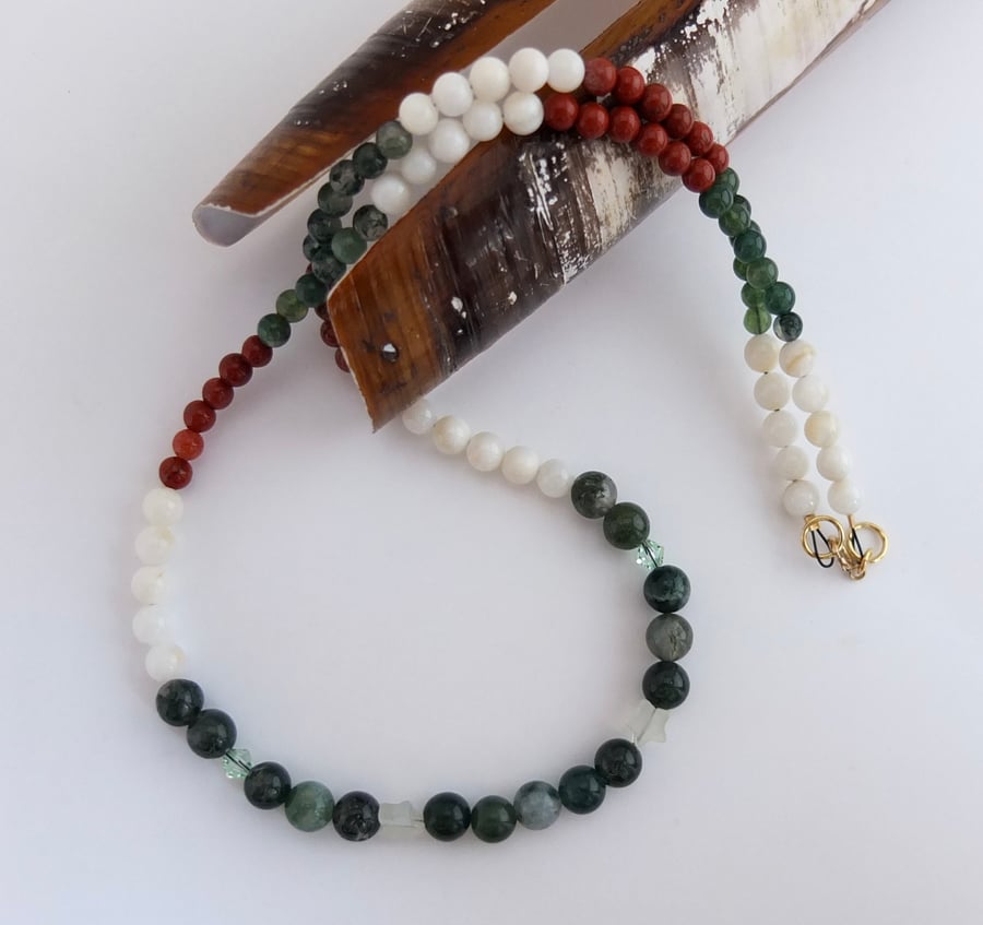 Moss Agate, Red Jasper and Shell Necklace with Jade Stars and Swarovski Crystals