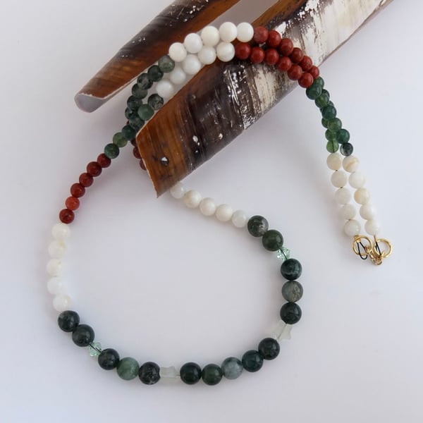Moss Agate, Red Jasper and Shell Necklace with Jade Stars and Swarovski Crystals