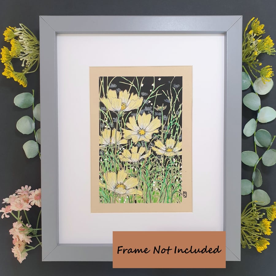 Pale Yellow Cosmos Flowers small original artwork, floral wall art