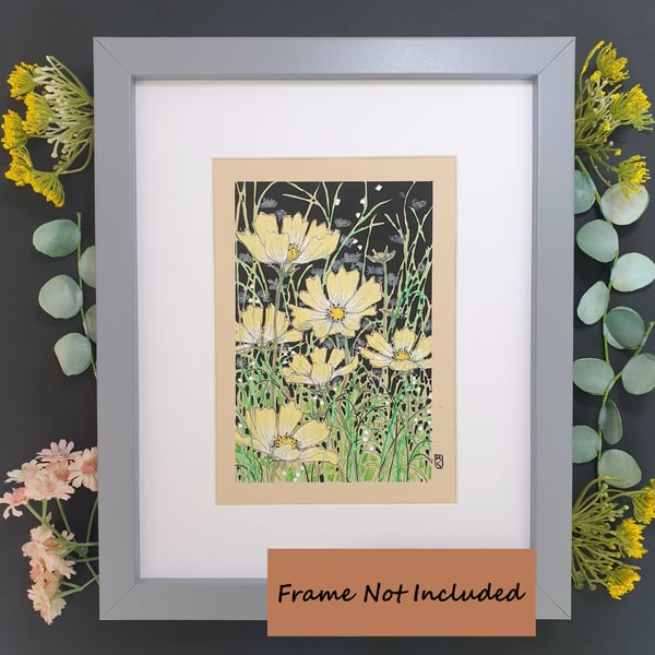 Pale Yellow Cosmos Flowers small original artwork, floral wall art