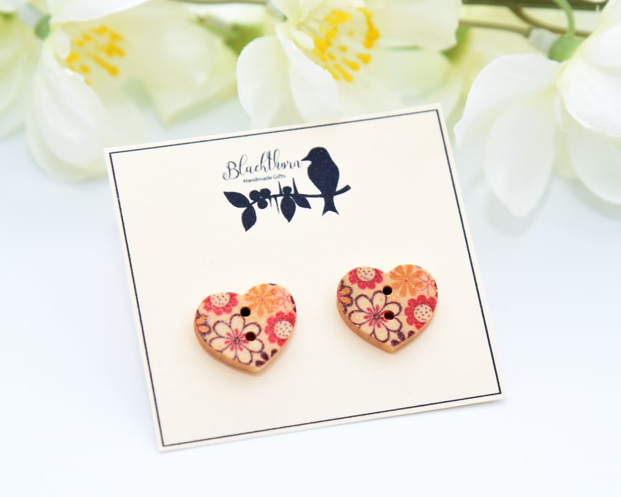 Heart Shaped Wooden Button Earrings