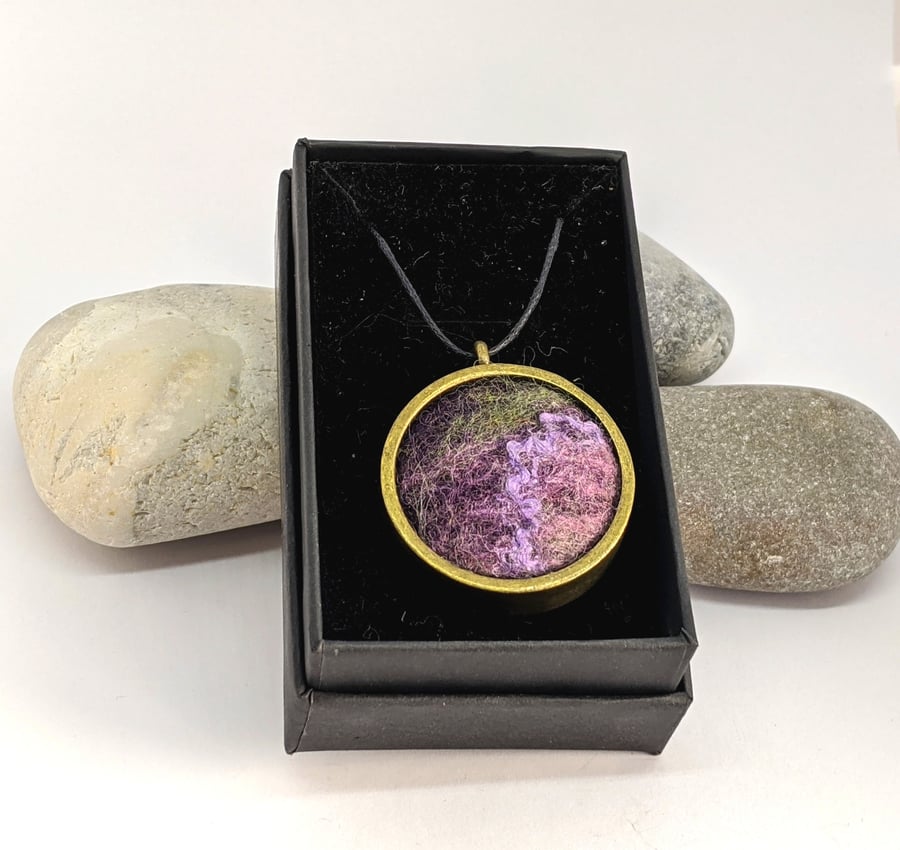 Felted pendant - lavender and green in bronze bezel