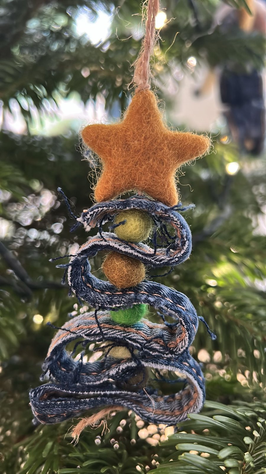 One of a kind, handmade Christmas tree decoration from pre-loved denim and felt
